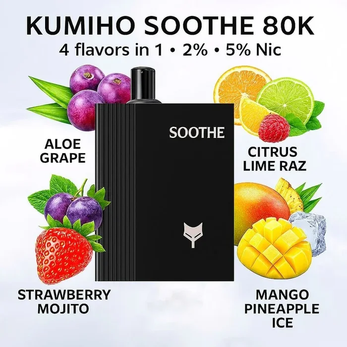 Kumiho Soothe 80K 4 flavors in 1 – 2% – 5% Nic (Aloe Grape – Citrus Lime Raz – Strawberry Mojito – Mango Pineapple Ice)